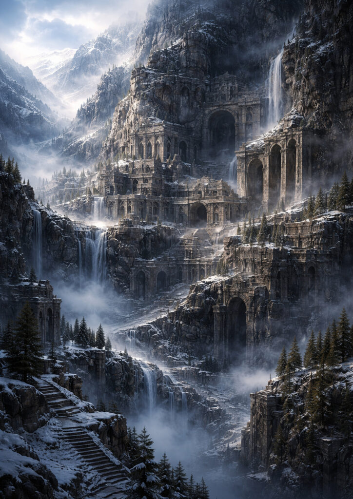 photorealistic ruins landscape with crumbling buildings