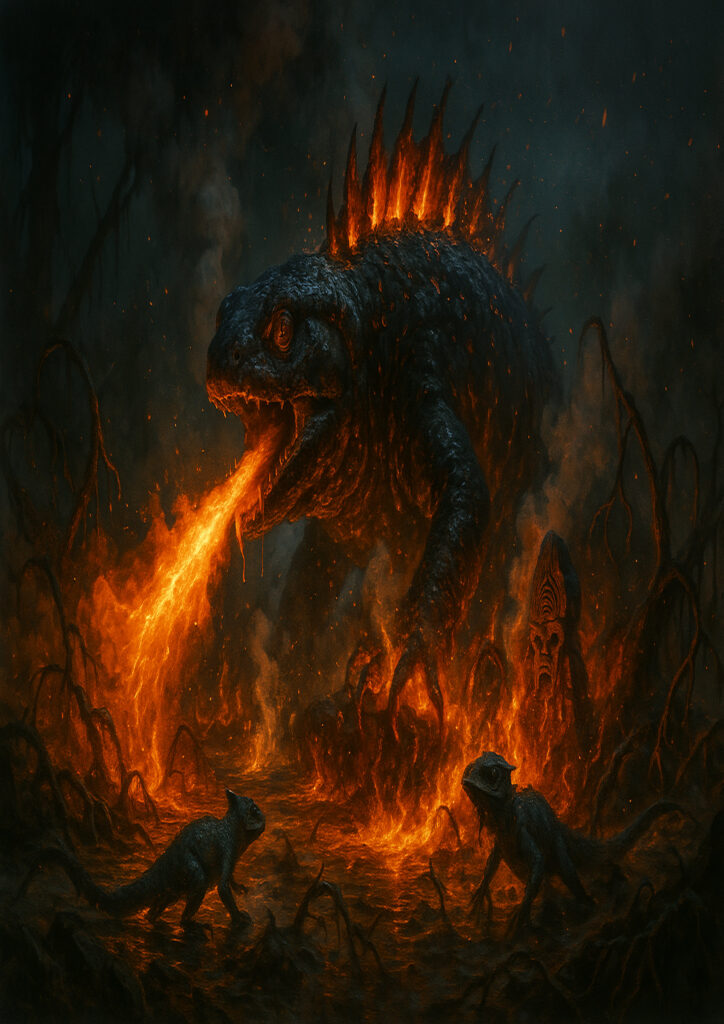 Epic warhammer inspired lizardmen battlefield scene