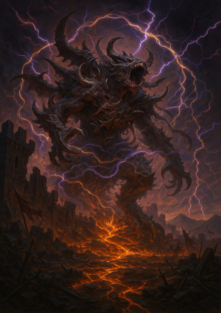 Cinematic warhammer inspired chaos warriors illustration